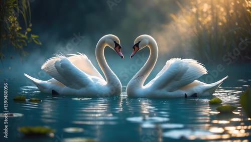 Fototapeta Naklejka Na Ścianę i Meble -  The pair of swans on turquoise water