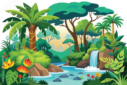 Bright flowers and various plants surround a tranquil waterfall flowing into a clear river, creating an ideal tropical environment filled with natural beauty.