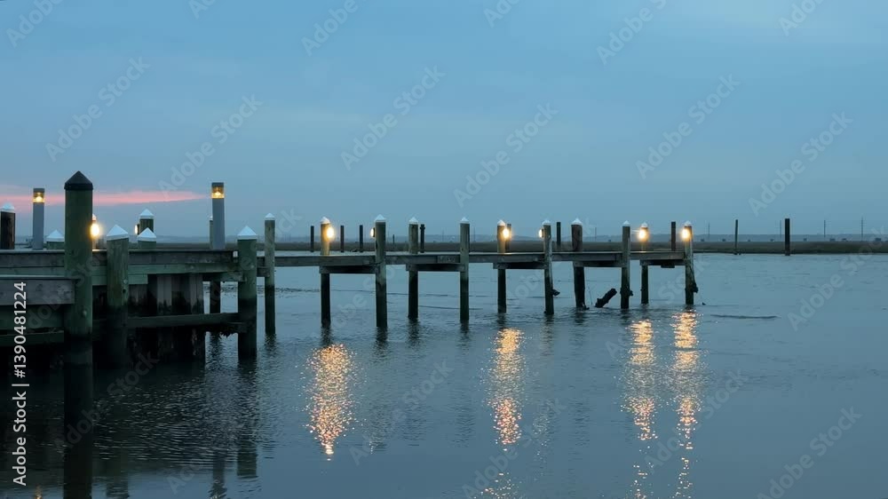 dock over the water with lights and water lapping underneath and pink sunset sky in the background dock over the water with lights and water lapping underneath and pink sunset sky in the background