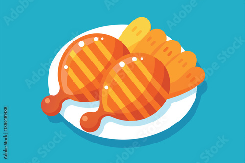 Grilled chicken legs with crisp grill marks alongside golden fries create a mouthwatering meal, perfect for lunch or dinner gatherings with friends and family.