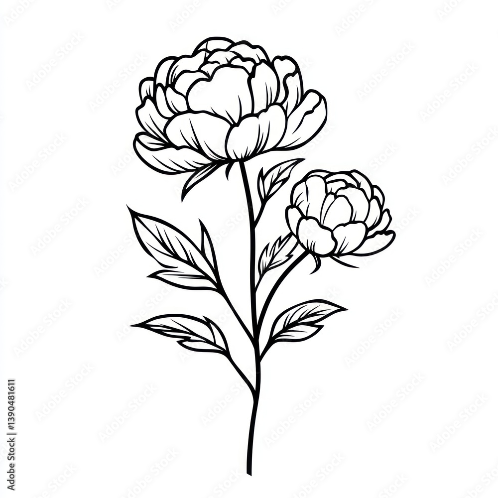 Two peonies line art drawing, floral design, background, digital art, use for decor, prints, social media, stationery Two peonies line art drawing, floral design, background, digital art, use for decor, prints, social media, stationery