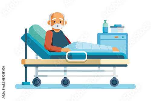 An elderly man is resting comfortably in a hospital bed, surrounded by medical equipment, looking relaxed while covered with a blanket.