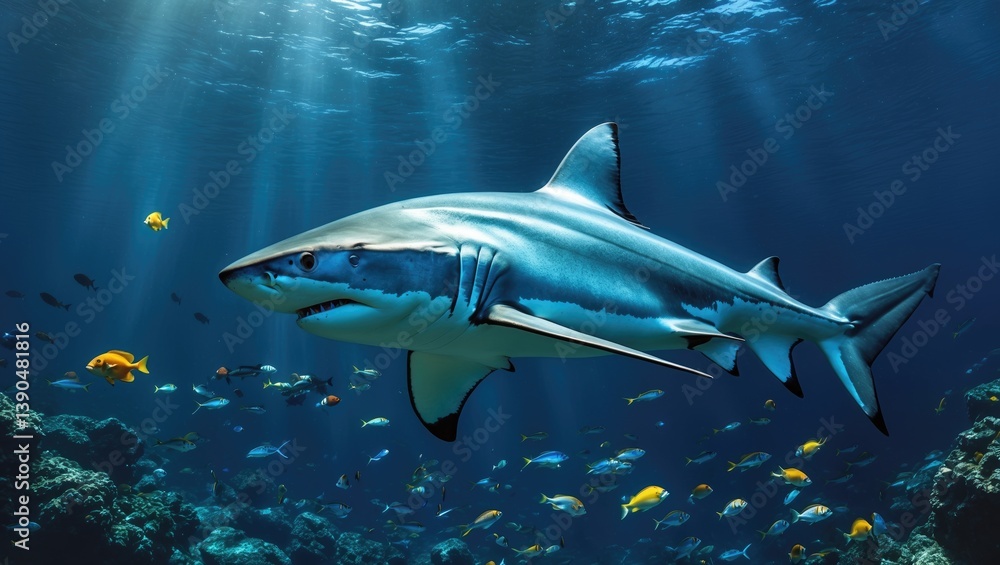 Obraz premium Shark in the deep blue ocean. Underwater shark.