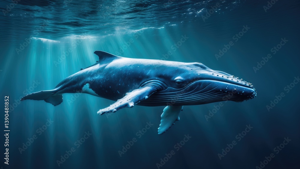 Fototapeta premium The blue whale gliding close to the surface with a backdrop of the blue sky.