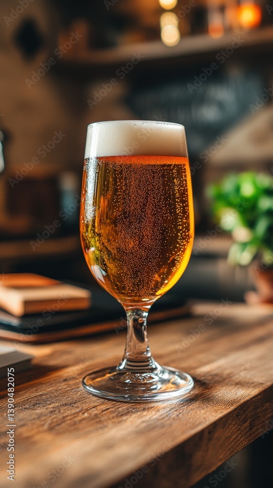 Chilled Golden Beer in Elegant Glass on Rustic Wooden Table with Bokeh Background Chilled Golden Beer in Elegant Glass on Rustic Wooden Table with Bokeh Background