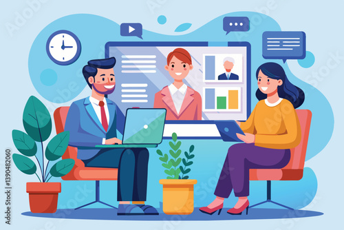 Two professionals participate in a virtual meeting, actively discussing and sharing ideas while seated in a contemporary office space filled with plants.