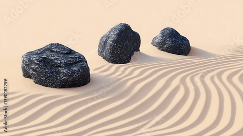 Three dark stones on rippled sand.