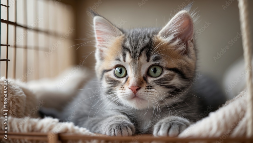 Obraz premium The gray striped kitten is patiently anticipating its new owner while resting in a cage.
