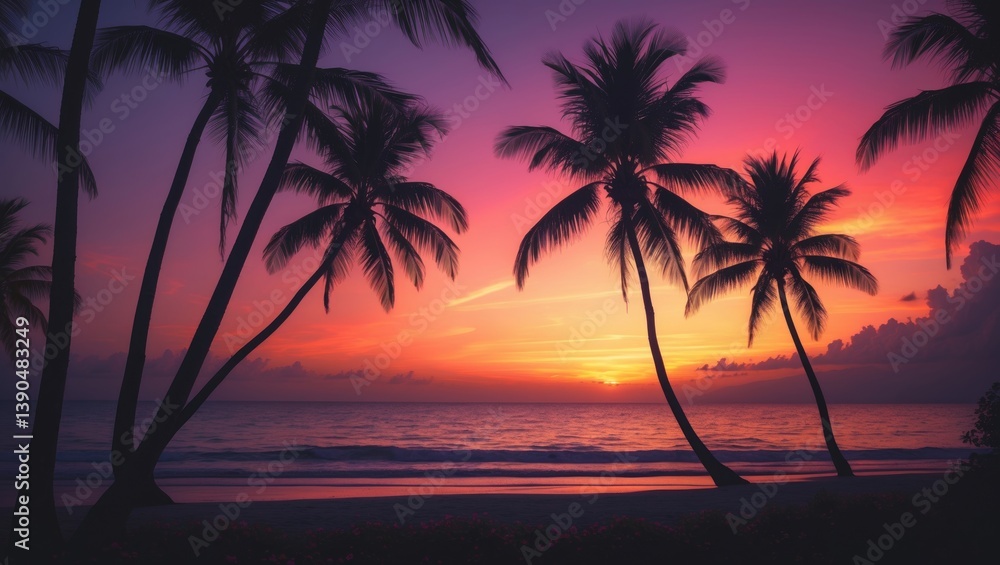 Silhouette of palm trees during sunset. Silhouette of palm tree at the shore. Silhouette of palm trees during sunset. Silhouette of palm tree at the shore.