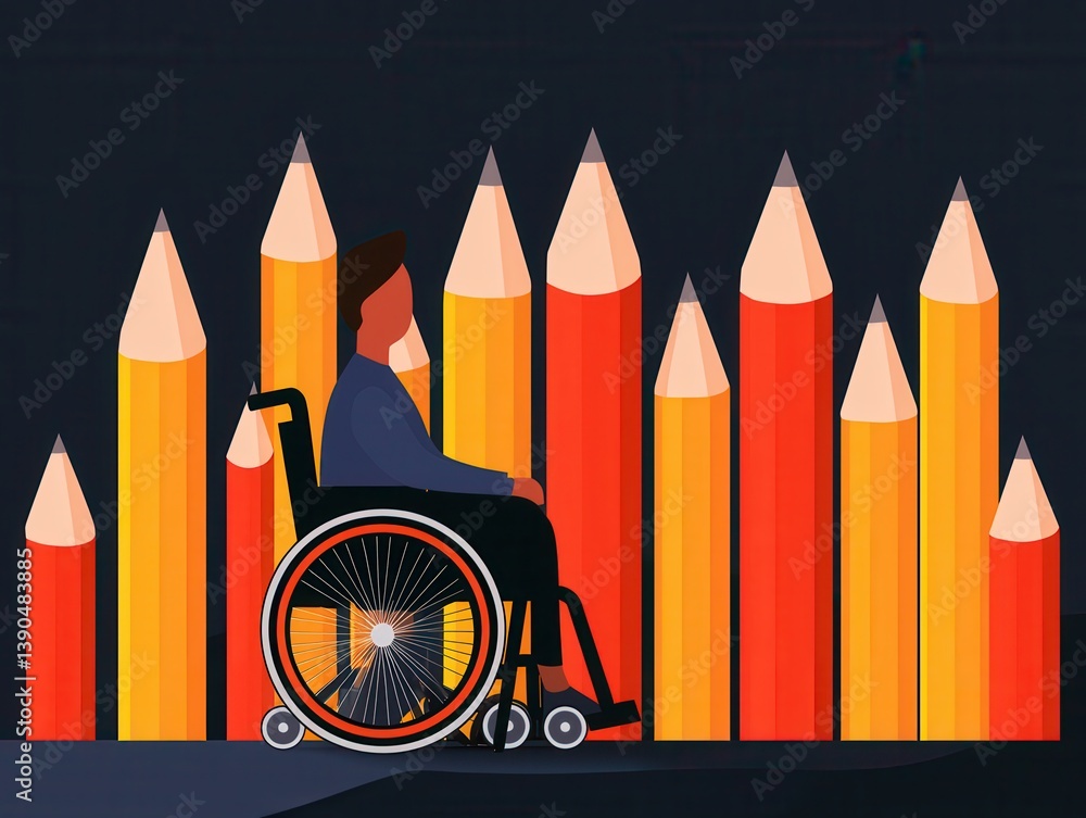 A person in a wheelchair surrounded by colorful pencils.