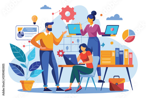 A diverse group of professionals actively engage in brainstorming, using laptops and visual aids, while emphasizing teamwork and innovation in a bright office environment.