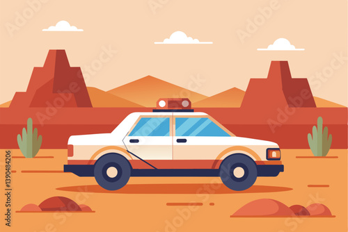 The vintage police car travels across a dry desert terrain surrounded by distinct rock formations and sparse green cacti under a clear blue sky.