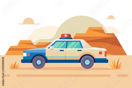 A stylized police car with a light on top travels through a bright desert landscape featuring rolling hills and a clear blue sky under the sun.