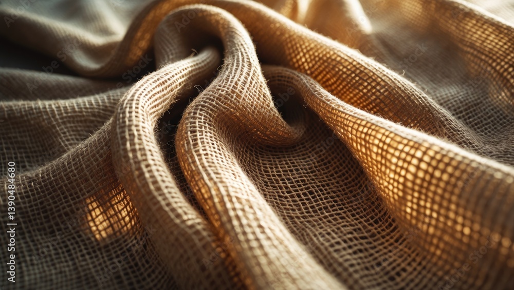 Close-up texture of natural burlap fabric, featuring natural folds and draperies. Close-up texture of natural burlap fabric, featuring natural folds and draperies.