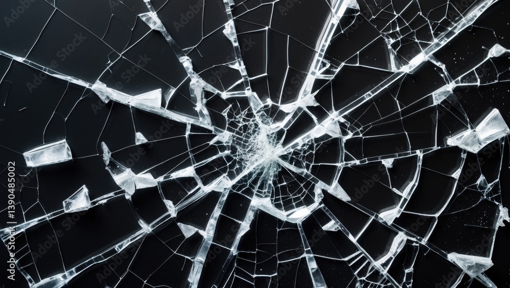 Fototapeta premium Shattered glass backdrop. Distressed surface texture. White cracks isolated on a black background. Close-up of broken glass. Smashed surface. Pattern of crushed small fragments.