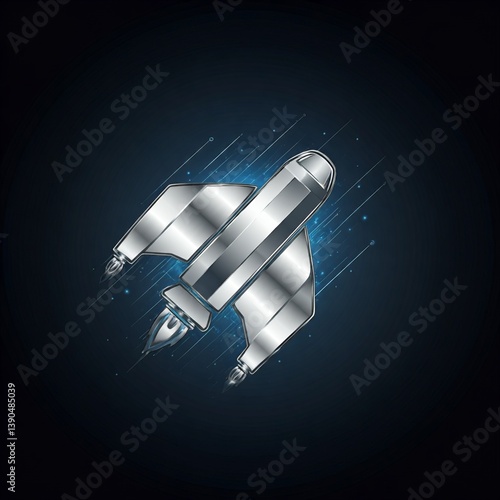 Metallic Silver Rocket Launching with Blue Light Trails on Dark Background
