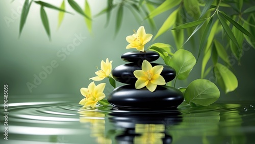 Spa still life featuring yellow flowers on black stones alongside bamboo leaves