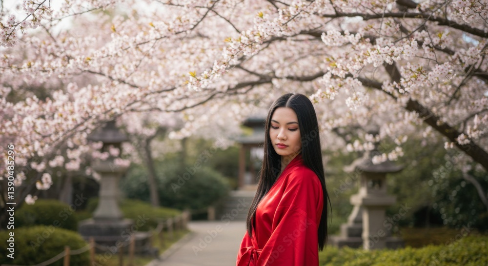 Serene spring day with blossoms and woman in red kimono in tranquil garden setting Serene spring day with blossoms and woman in red kimono in tranquil garden setting