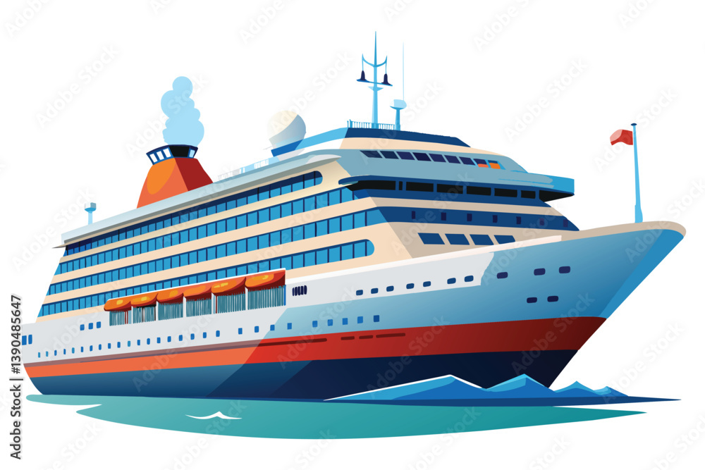 The cruise ship glides smoothly across serene waters, highlighted by its striking colors and intricate details, while enjoying a beautiful sunny day. The cruise ship glides smoothly across serene waters, highlighted by its striking colors and intricate details, while enjoying a beautiful sunny day.