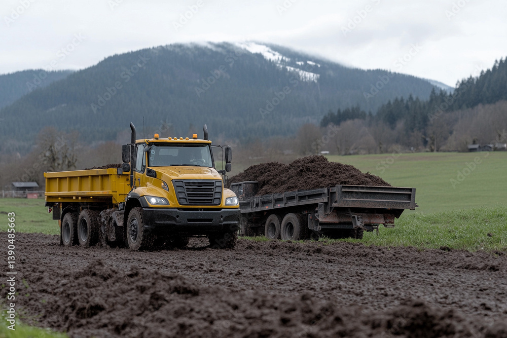 Obraz premium Autumn pumpkin harvest underway on a rural farm with tractors and fields
