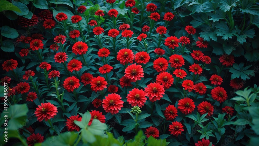 The vibrant red zinnia elegans blooms within a park. The vibrant red zinnia elegans blooms within a park.