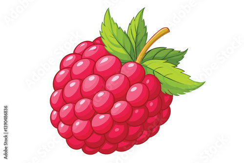 This illustration showcases a fresh raspberry complete with rich red hues and green leaves, emphasizing its juicy texture and natural beauty, making it an appealing fruit visualization.