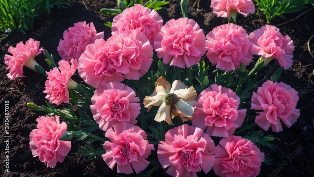 Abundant blooming of the delicate pink carnation in the flowerbed. Abundant blooming of the delicate pink carnation in the flowerbed.