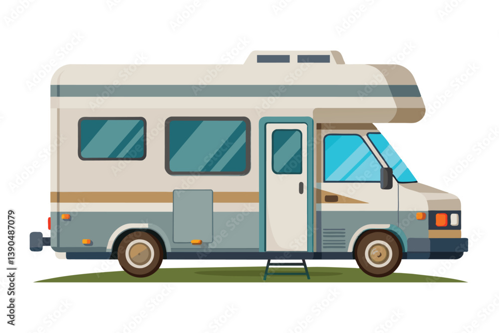 A classic recreational vehicle stands parked on lush green grass, showcasing its spacious design and inviting charm in bright summer sunlight, perfect for road trips.