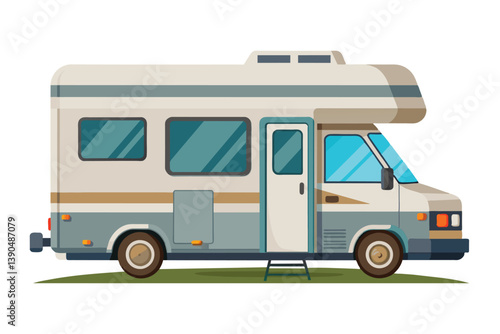 Obraz na płótnie A classic recreational vehicle stands parked on lush green grass, showcasing its spacious design and inviting charm in bright summer sunlight, perfect for road trips. w salonie