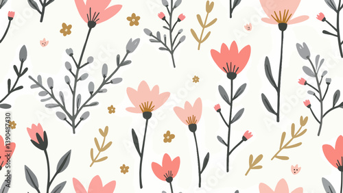 Wallpaper Mural Floral colorful seamless Pattern. Hand drawn Flowers and branches in Scandinavian style. Cute Spring summer plants botanical Background Torontodigital.ca