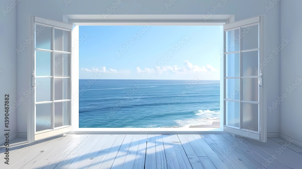 An opened window with ocean view, Generative AI illustrations. An opened window with ocean view, Generative AI illustrations.
