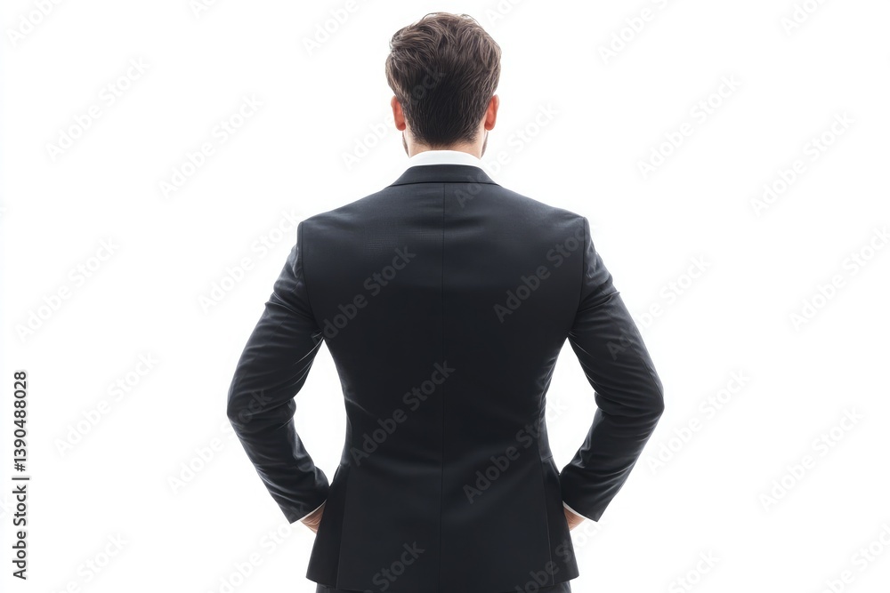 A man in a suit standing with his back to the viewer against a bright white background looking ahead A man in a suit standing with his back to the viewer against a bright white background looking ahead
