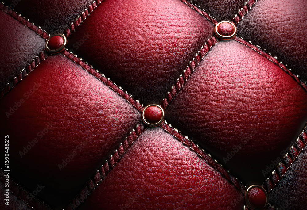Obraz premium Quilted red leather pattern with circular buttons, detailed texture, and braided seams. The upholstery design showcases a rich gradient of red hues, creating a luxurious appearance