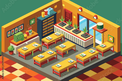 A bright and colorful classroom features wooden desks arranged for student interaction, decorative plants by the windows, and artwork adorning the walls, creating an inviting study space.