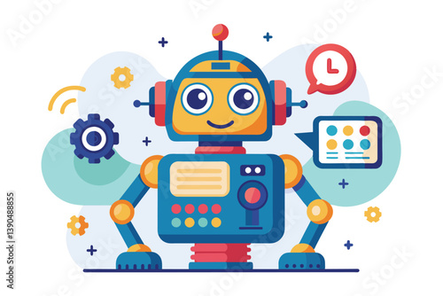 Wallpaper Mural The cartoon robot, designed with vibrant colors, interacts with various tech elements like gears and message bubbles, creating a friendly digital atmosphere. Torontodigital.ca
