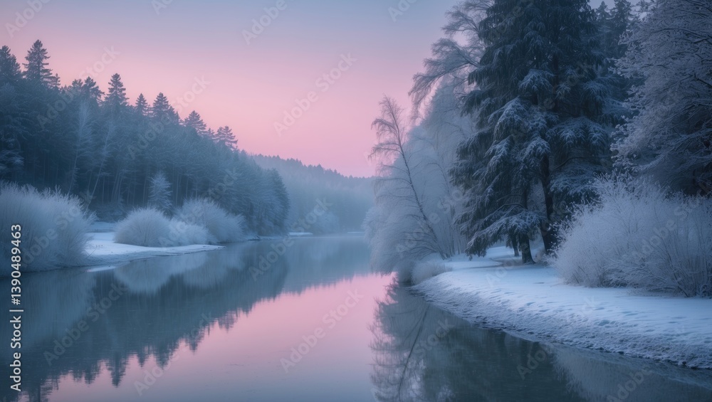 Calm water and reflections of trees and sky. Tranquil silence at sunrise, dawn in early winter. Pink sky in the background, space for text, copy area. Calm water and reflections of trees and sky. Tranquil silence at sunrise, dawn in early winter. Pink sky in the background, space for text, copy area.