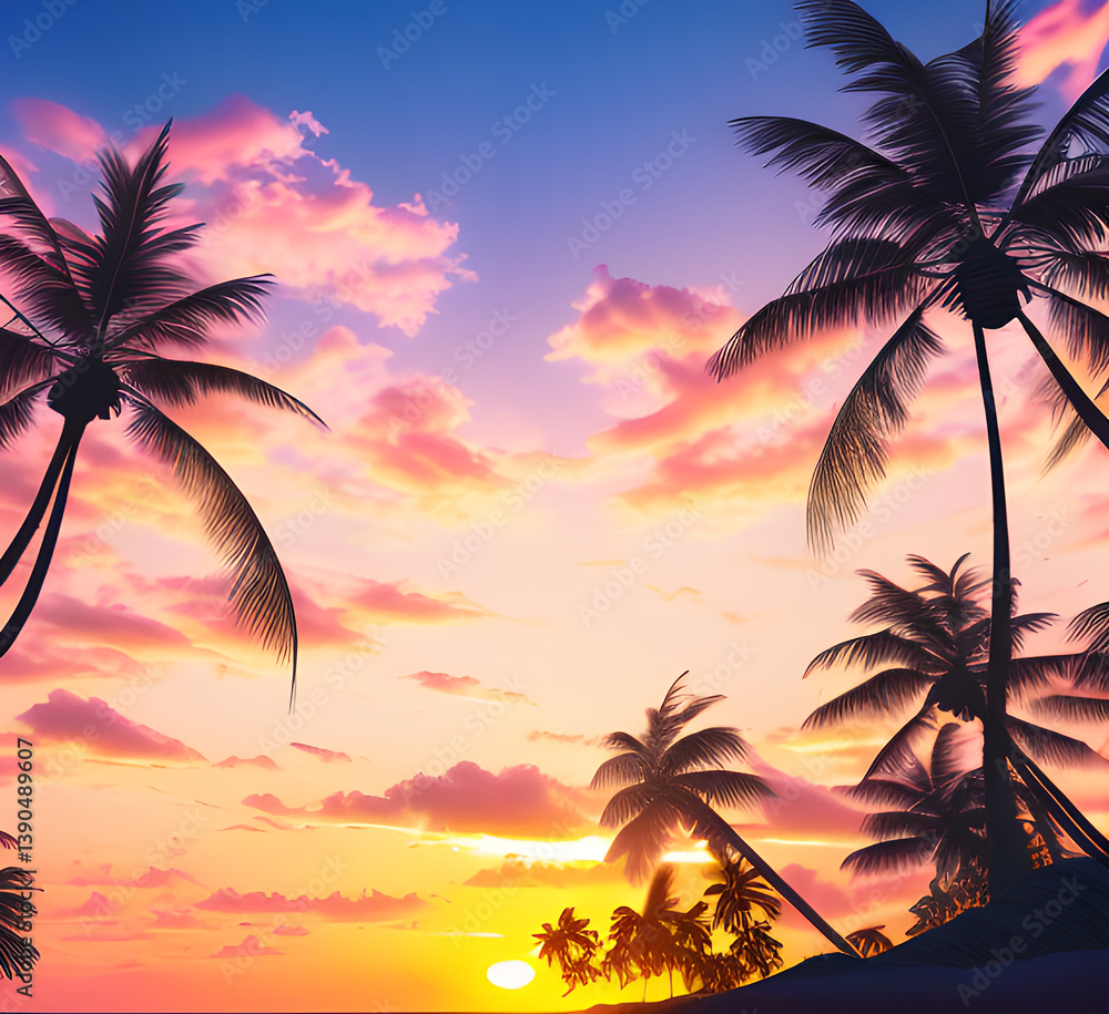 Obraz premium Palms silhouettes at neon sunset sky.Night landscape with palm trees on beach. Creative trendy summer tropical background,Vacation travel Retro,synthwave,retrowave style.Rave party,generative ai