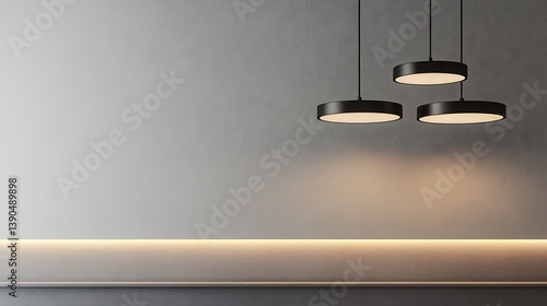 Three modern pendant lights above minimalist wall.