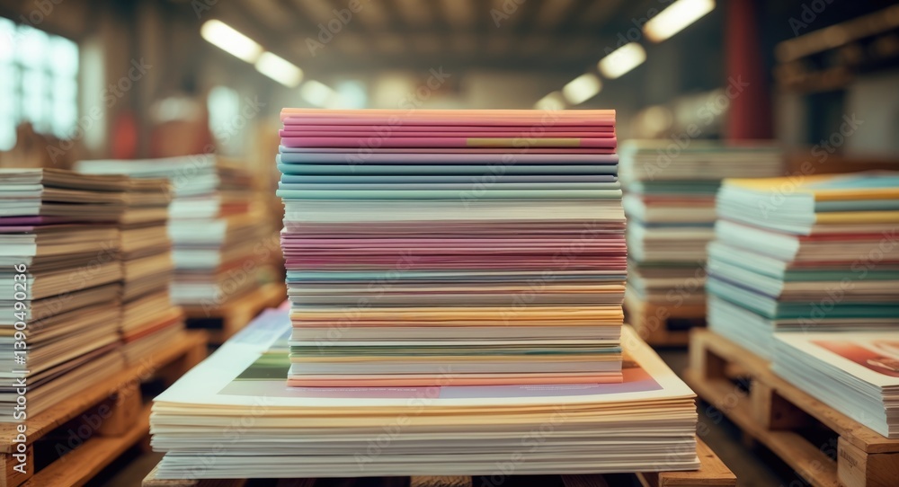 Soft focus of freshly printed catalogs stacked on a wooden pallet in a workshop. Soft focus of freshly printed catalogs stacked on a wooden pallet in a workshop.