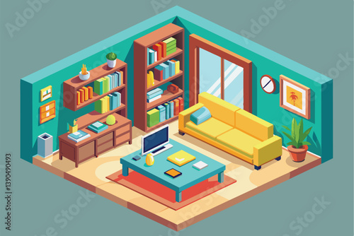 A vibrant living room showcases a comfortable yellow sofa, a stylish coffee table, and bookshelves adorned with various books and decorative items, creating an inviting atmosphere.