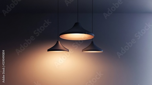 Three modern pendant lights illuminate a dark room.