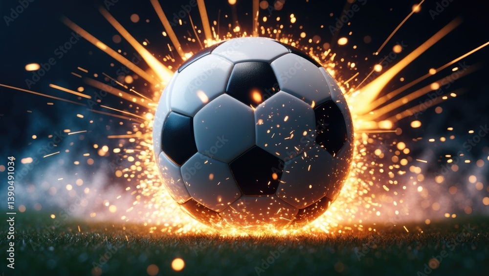 Fototapeta premium Soccer ball. Soccer backdrop featuring fiery sparks in motion.