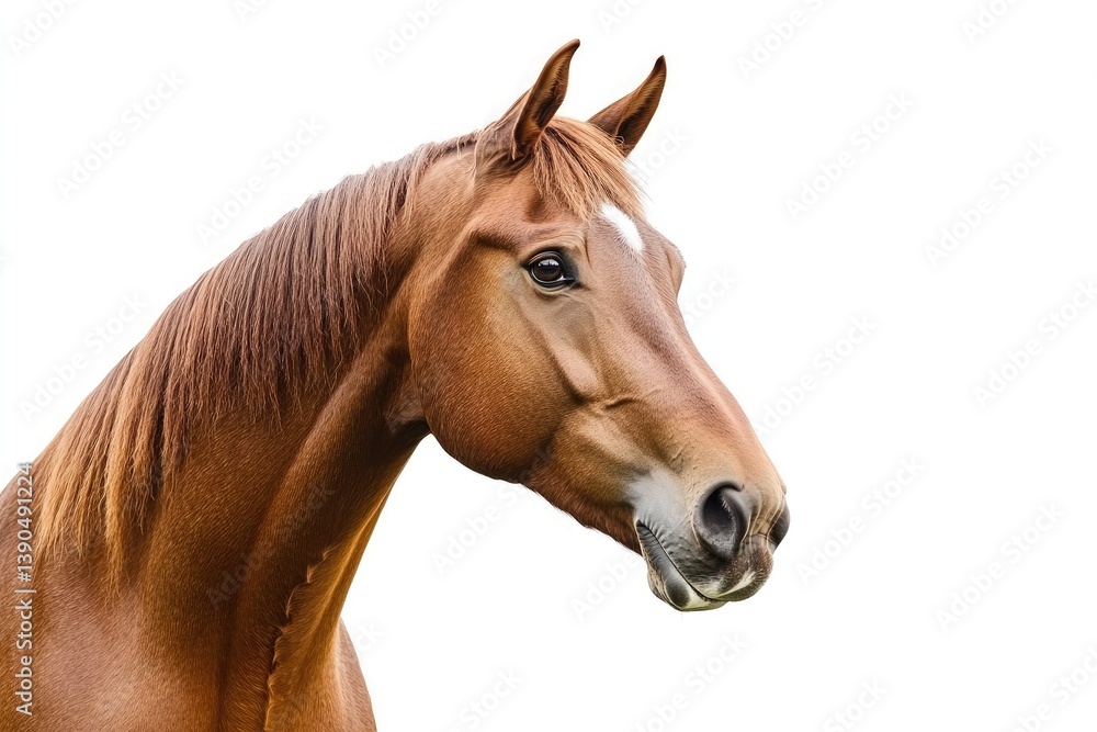 Fototapeta premium Close up shot of a brown horse head with a white spot on its forehead against a white background