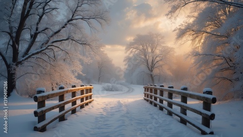 Fototapeta Naklejka Na Ścianę i Meble -  Snow-covered wooden bridge on a winter's day.