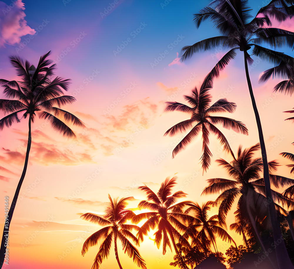 Palms silhouettes at neon sunset sky.Night landscape with palm trees on beach. Creative trendy summer tropical background,Vacation travel Retro,synthwave,retrowave style.Rave party,generative ai Palms silhouettes at neon sunset sky.Night landscape with palm trees on beach. Creative trendy summer tropical background,Vacation travel Retro,synthwave,retrowave style.Rave party,generative ai