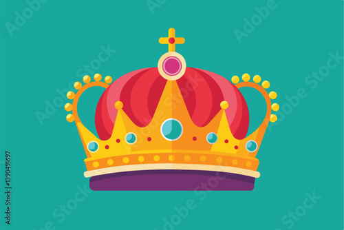 A vibrant crown showcases a mix of red and gold, embellished with decorative jewels, perfect for representing royalty and grandeur in various designs.