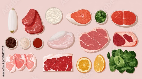 A colorful arrangement of various meats, vegetables, and fruits, showcasing fresh ingredients ideal for meal preparation and cooking.