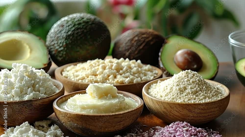 Bowls of creamy, grainy, and powdered natural ingredients, including avocados and coconut, displayed on a wooden surface Bowls of creamy, grainy, and powdered natural ingredients, including avocados and coconut, displayed on a wooden surface