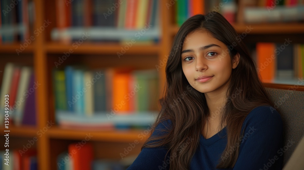 Confident Young Student in Library with Books, Perfect for Education and Learning Themes Confident Young Student in Library with Books, Perfect for Education and Learning Themes