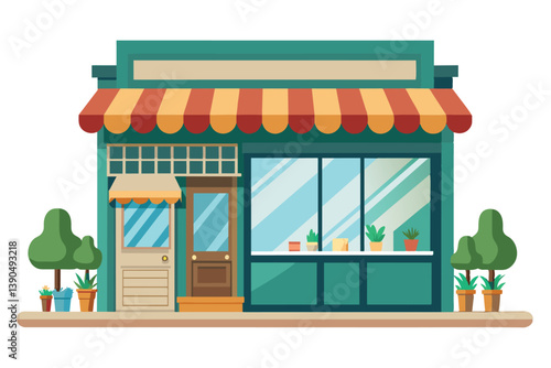This inviting storefront features colorful awnings, large windows filled with plants, and a cozy entrance, creating a warm atmosphere in a lively urban environment.